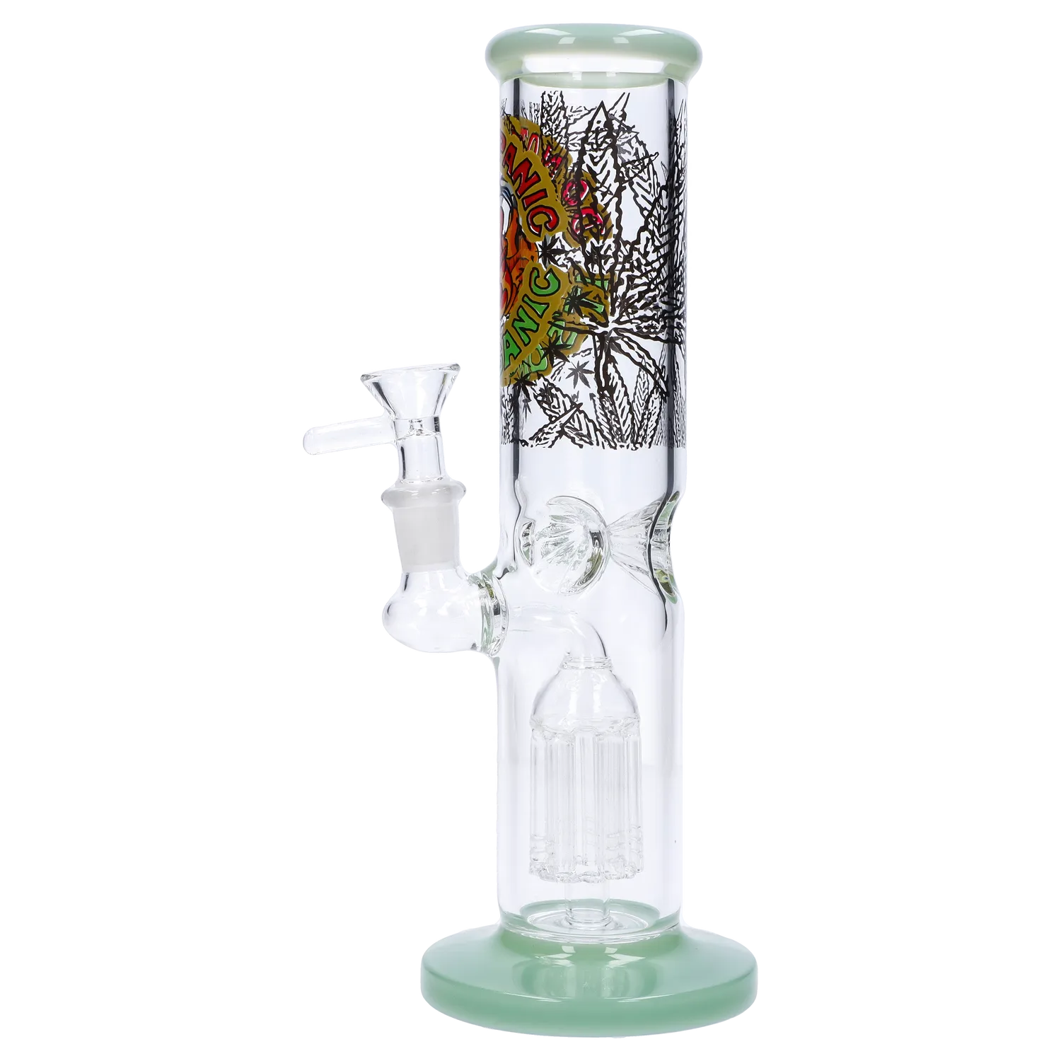 Front view of the 10-inch Do Not Panic Straight Tube with Tree Perc, featuring a clear glass body and visible percolator. Front view of the 10-inch Do Not Panic Straight Tube with Tree Perc, featuring a clear glass body and visible percolator.