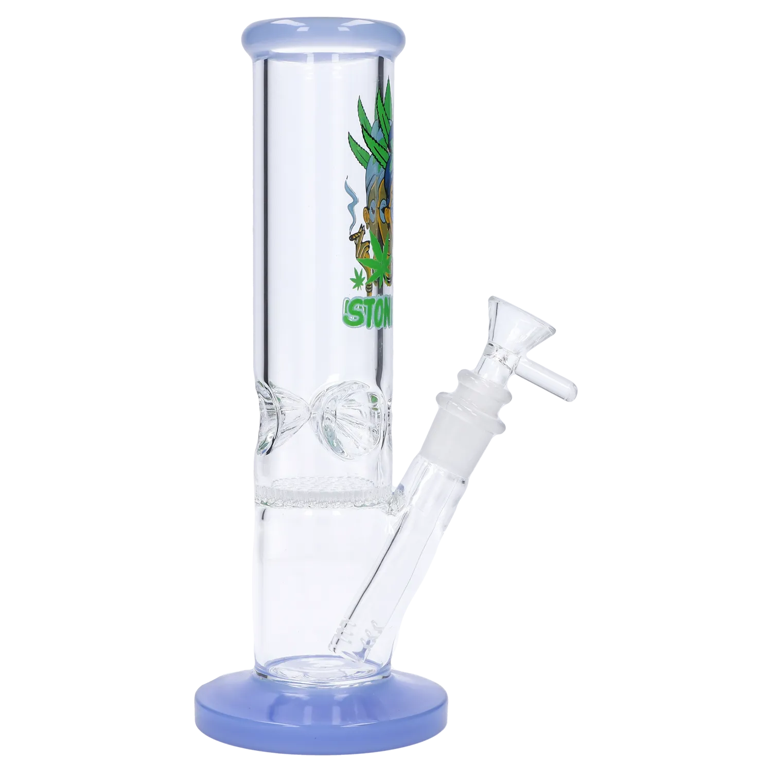 Front view of the 10-inch Stoner Mom Straight Tube with Honeycomb Perc, displaying a clear glass tube with a simple, cylindrical design. Front view of the 10-inch Stoner Mom Straight Tube with Honeycomb Perc, displaying a clear glass tube with a simple, cylindrical design.
