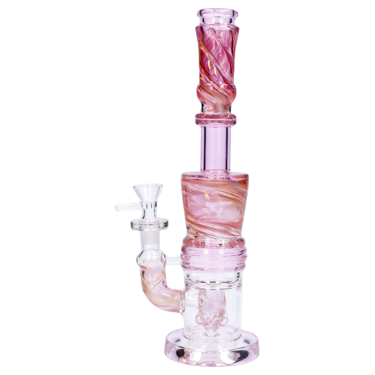 Front view of the 11-inch Galaxy Color Water Pipe with Showerhead Perc, showing its swirling pink and clear glass design. Front view of the 11-inch Galaxy Color Water Pipe with Showerhead Perc, showing its swirling pink and clear glass design.