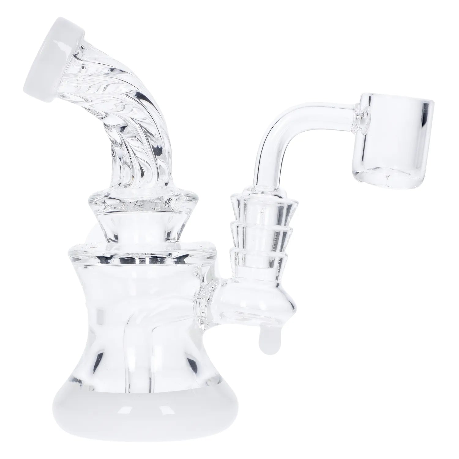 A three-quarter view of the 5-inch Twisted Neck Dab Rig with Showerhead Perc, showing its clear glass construction and curved neck design. A three-quarter view of the 5-inch Twisted Neck Dab Rig with Showerhead Perc, showing its clear glass construction and curved neck design.