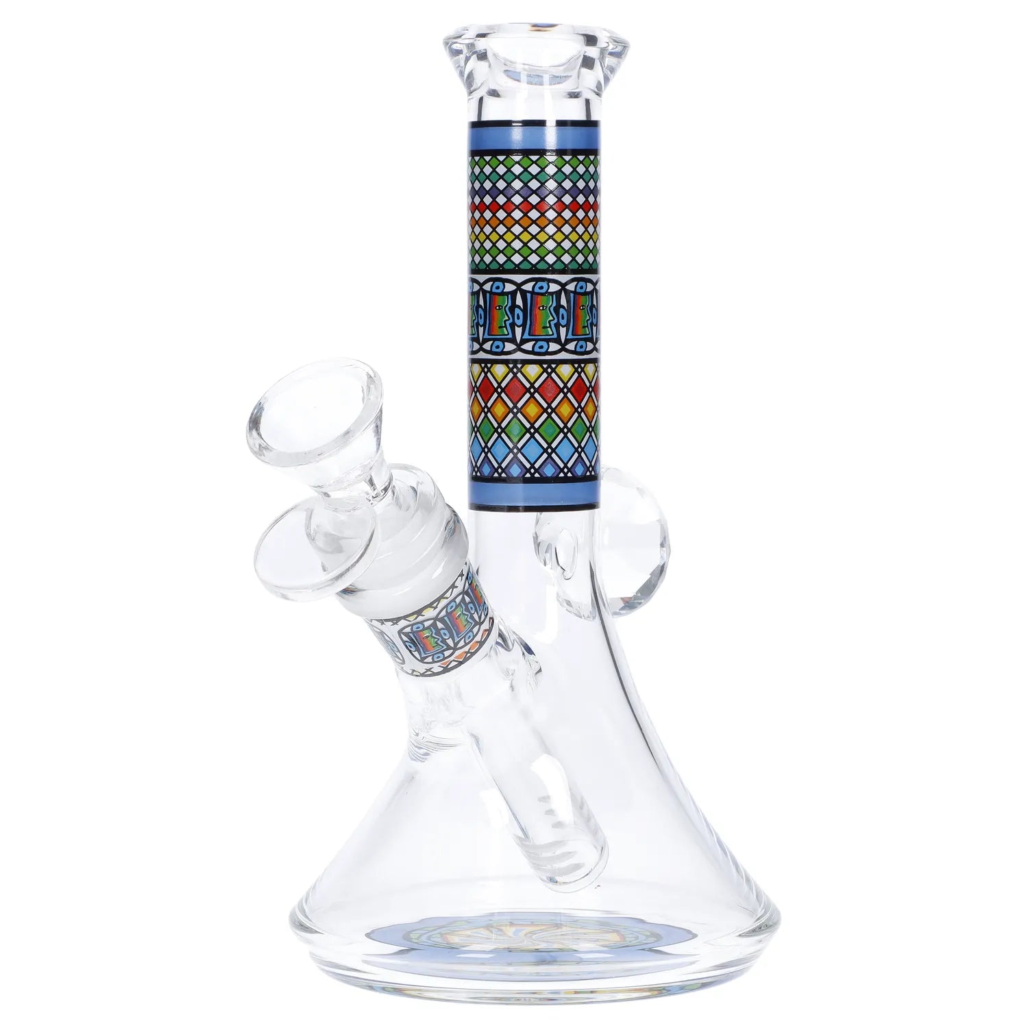 A front view of the 7-inch Dazzling Diamond Beaker with Colorful Tube, showcasing its clear glass and vibrant tube design. A front view of the 7-inch Dazzling Diamond Beaker with Colorful Tube, showcasing its clear glass and vibrant tube design.