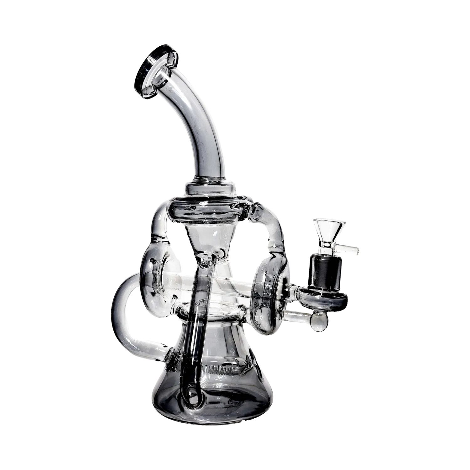 Front view of the Scientific Recycler with Bent Neck Water Pipe, showcasing its clear glass construction and intricate, cylindrical design. Front view of the Scientific Recycler with Bent Neck Water Pipe, showcasing its clear glass construction and intricate, cylindrical design.