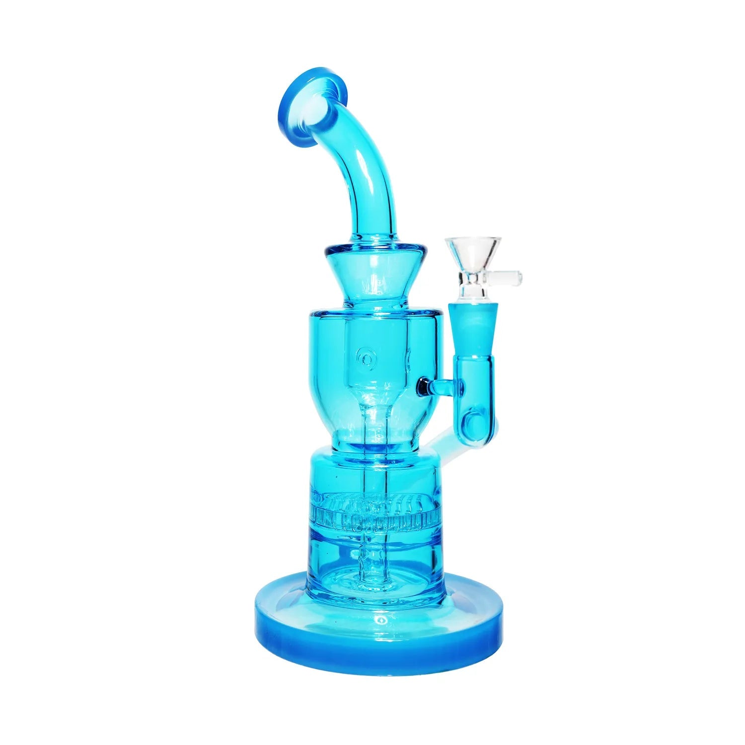 Front view of the Neon Bent Neck with Honeycomb Percolator and Thick Base Water Pipe, showcasing its curved neck and sturdy base. Front view of the Neon Bent Neck with Honeycomb Percolator and Thick Base Water Pipe, showcasing its curved neck and sturdy base.