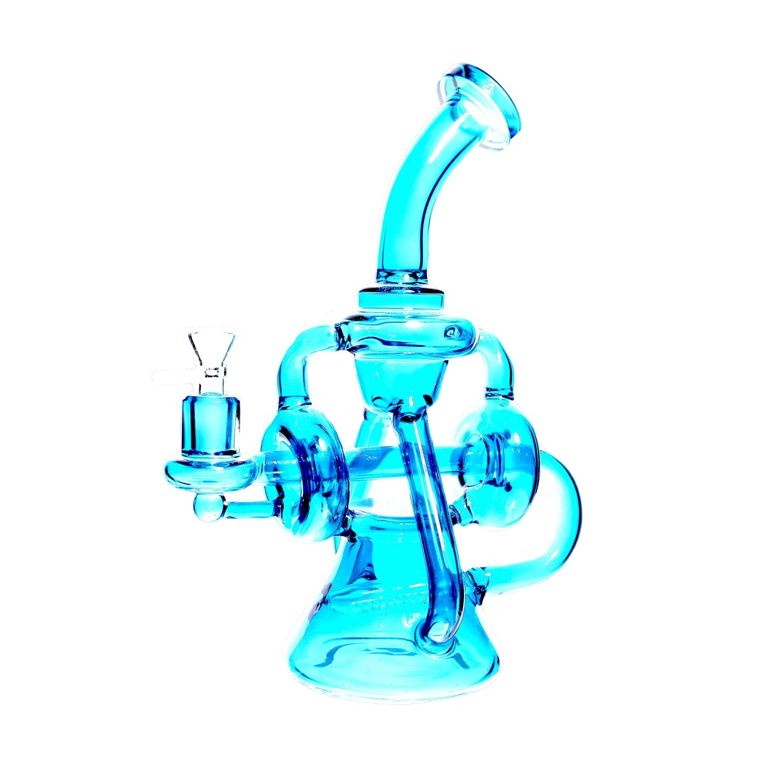 A three-quarter view of the Neon Recycler with Inline Percolator and Bent Neck Water Pipe, showing its clear glass construction and curved neck. A three-quarter view of the Neon Recycler with Inline Percolator and Bent Neck Water Pipe, showing its clear glass construction and curved neck.