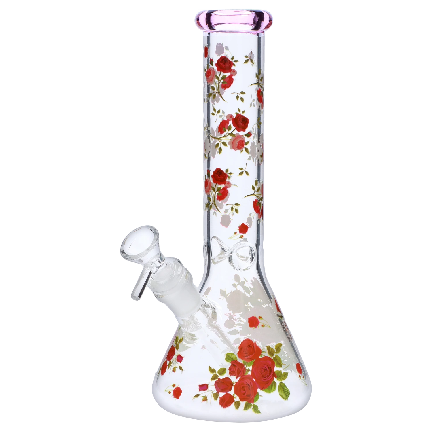 Front view of the 10-inch Flower Decal Water Pipe, a clear glass beaker with a colorful floral decal design. Front view of the 10-inch Flower Decal Water Pipe, a clear glass beaker with a colorful floral decal design.