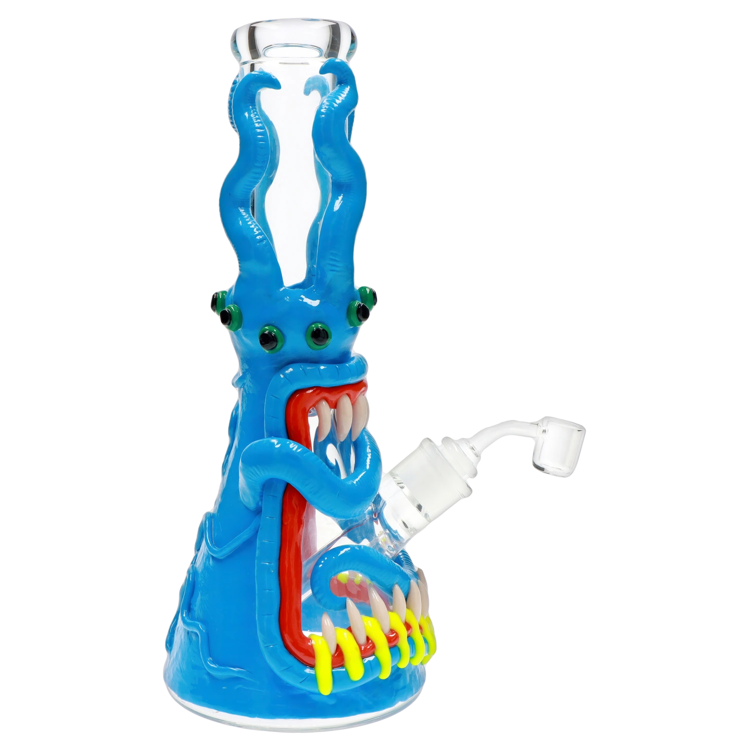 A front view of the 13-inch Clay Monster Beaker Water Pipe, featuring a sculpted, blue glass design with a wide beaker base. A front view of the 13-inch Clay Monster Beaker Water Pipe, featuring a sculpted, blue glass design with a wide beaker base.