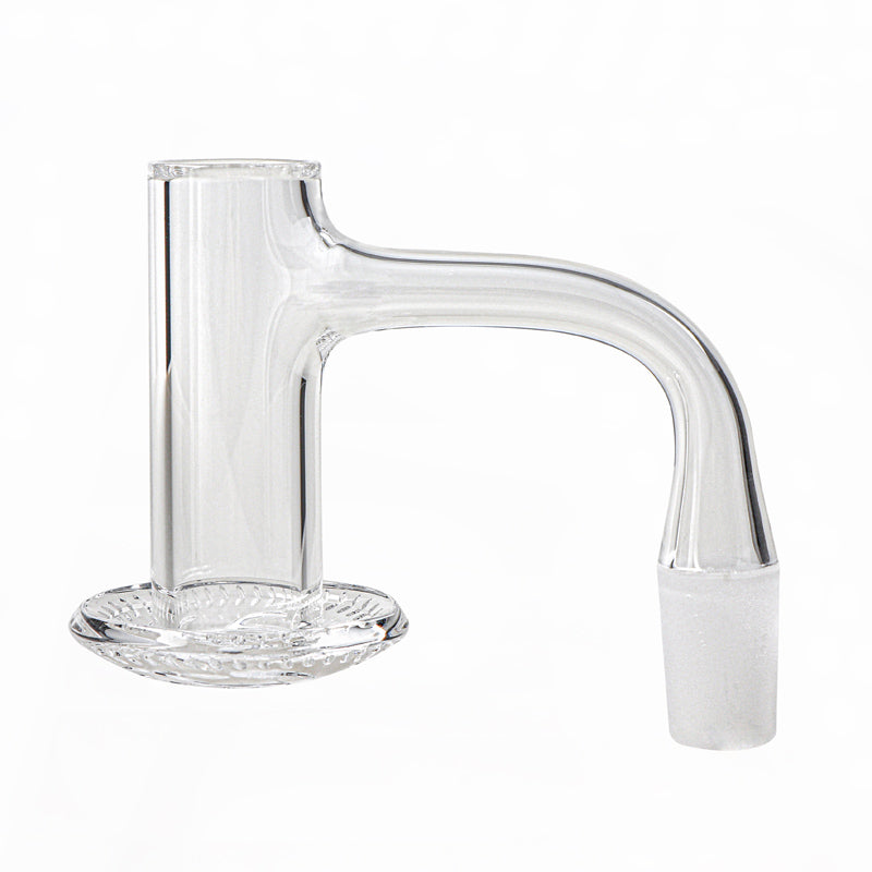 A close-up, angled view of the XL Blender Full Weld Quartz Banger showing its clear quartz construction and rounded base. A close-up, angled view of the XL Blender Full Weld Quartz Banger showing its clear quartz construction and rounded base.