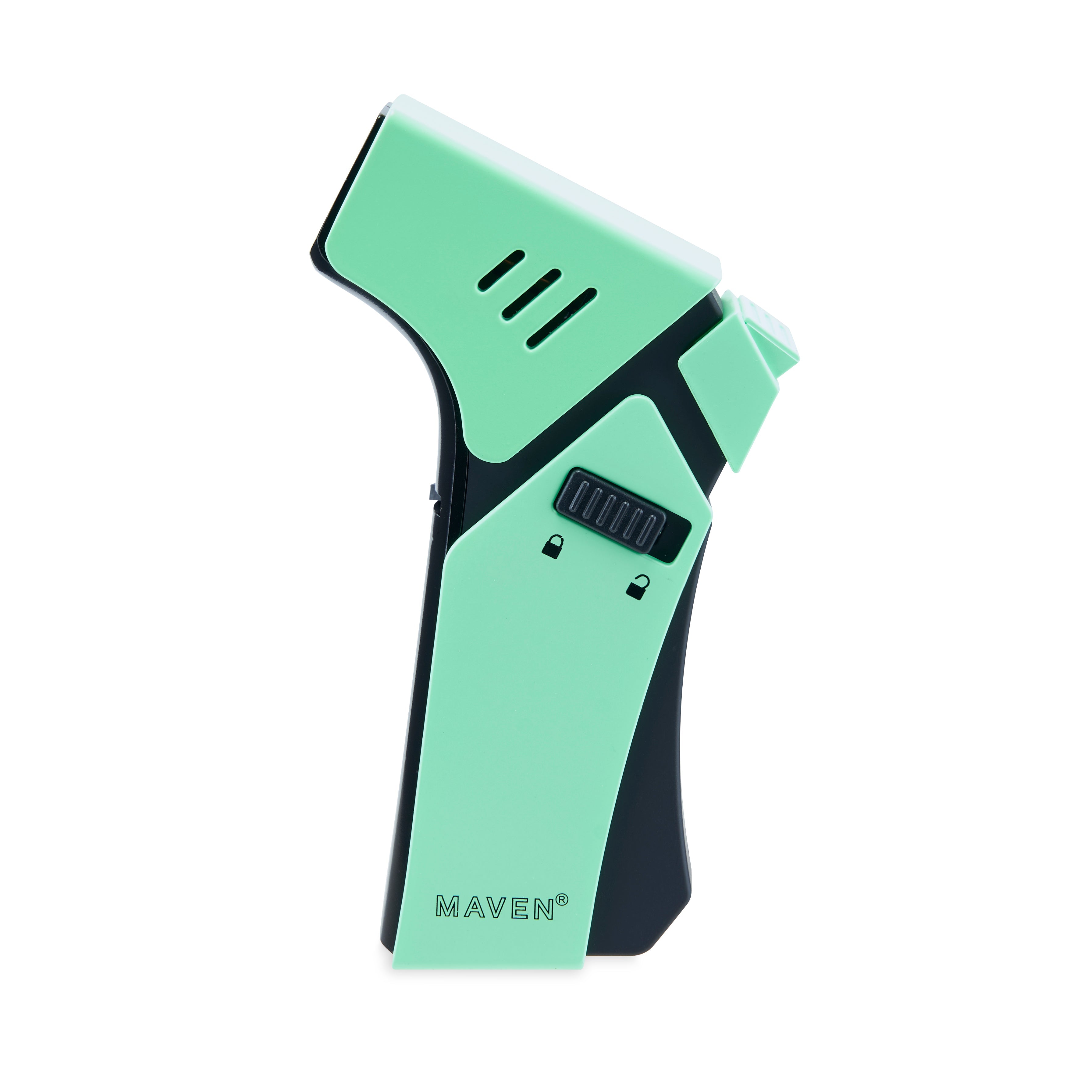 A close-up, angled view of the Maven Pro Butane Torch Lighter, showcasing its black casing and metallic accent. A close-up, angled view of the Maven Pro Butane Torch Lighter, showcasing its black casing and metallic accent.