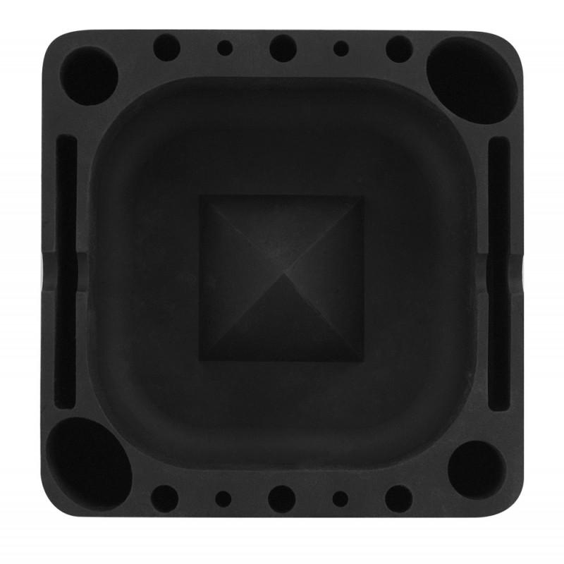 Top-down view of the Tap Tray, a black, multi-recessed tray with a minimalist design. Top-down view of the Tap Tray, a black, multi-recessed tray with a minimalist design.