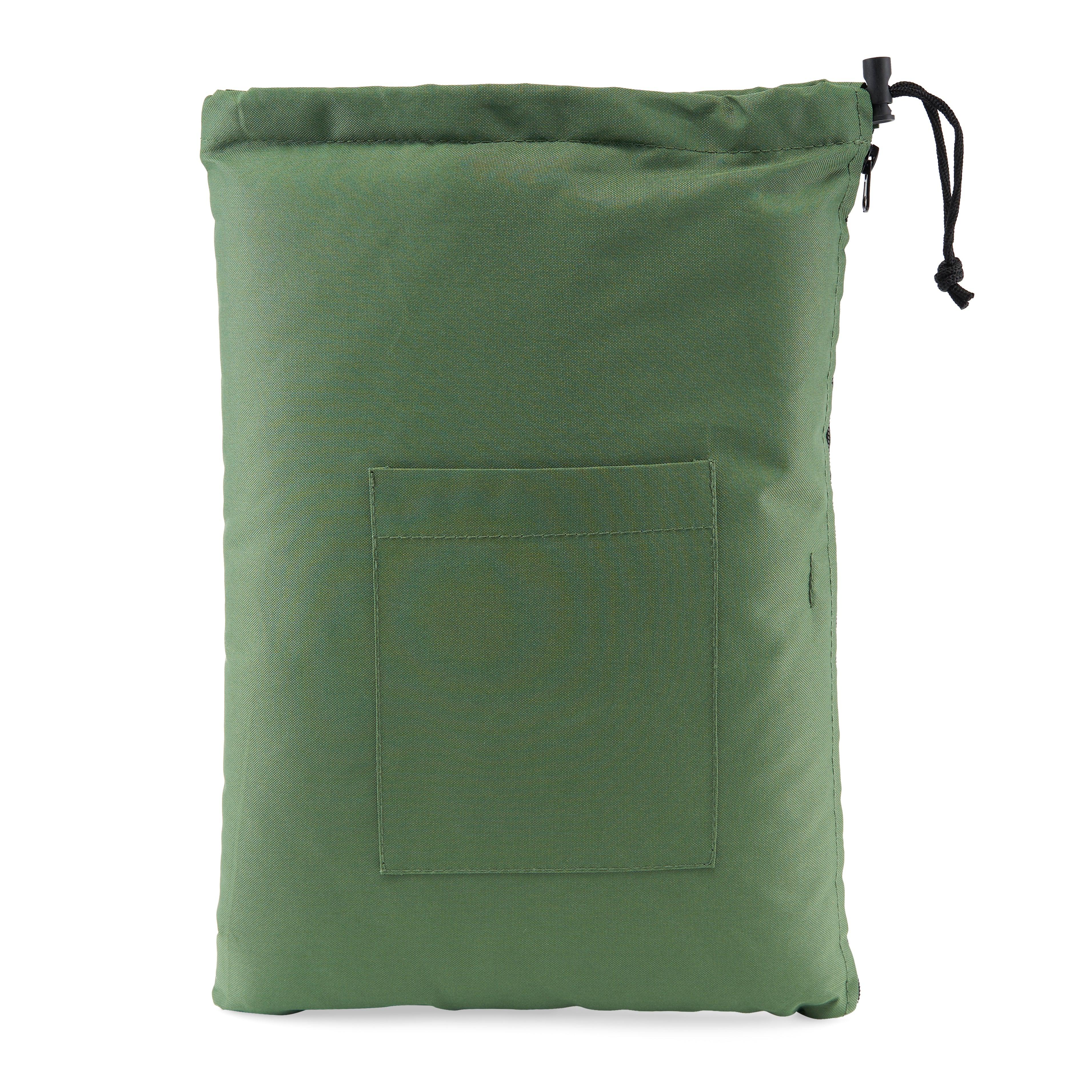 Front view of the 16” Wide Storage Pouch with Zipper and Drawstring, showing a dark green, closed pouch with a drawstring closure. Front view of the 16” Wide Storage Pouch with Zipper and Drawstring, showing a dark green, closed pouch with a drawstring closure.