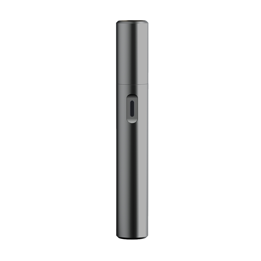 Front view of the Pillar Vape Battery, a sleek, cylindrical black device with a subtle metallic accent. Front view of the Pillar Vape Battery, a sleek, cylindrical black device with a subtle metallic accent.