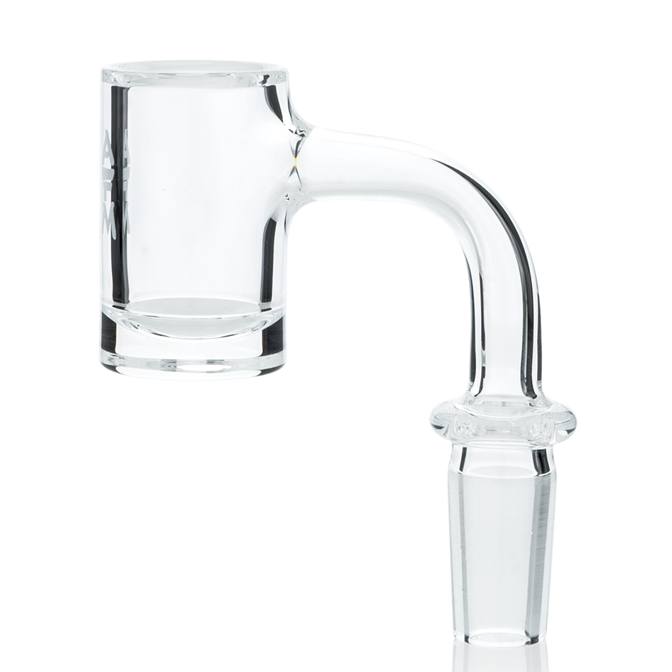 A close-up, angled view of the Full Weld Round Thick Bottom 3mm x 25mm Quartz Banger, showcasing its clear quartz construction. A close-up, angled view of the Full Weld Round Thick Bottom 3mm x 25mm Quartz Banger, showcasing its clear quartz construction.