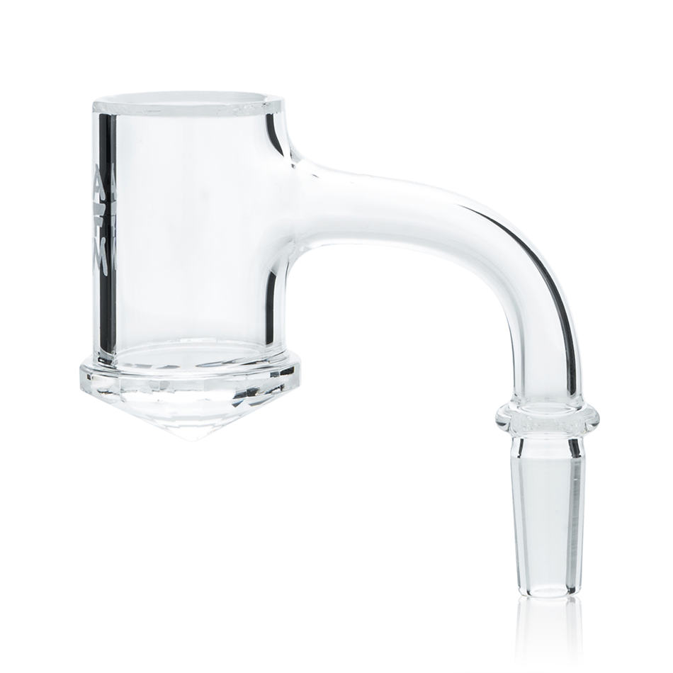 A close-up, angled view of the Full Weld Diamond Bottom 3mm x 25mm Quartz Banger, showcasing its clear quartz construction and rounded bottom. A close-up, angled view of the Full Weld Diamond Bottom 3mm x 25mm Quartz Banger, showcasing its clear quartz construction and rounded bottom.