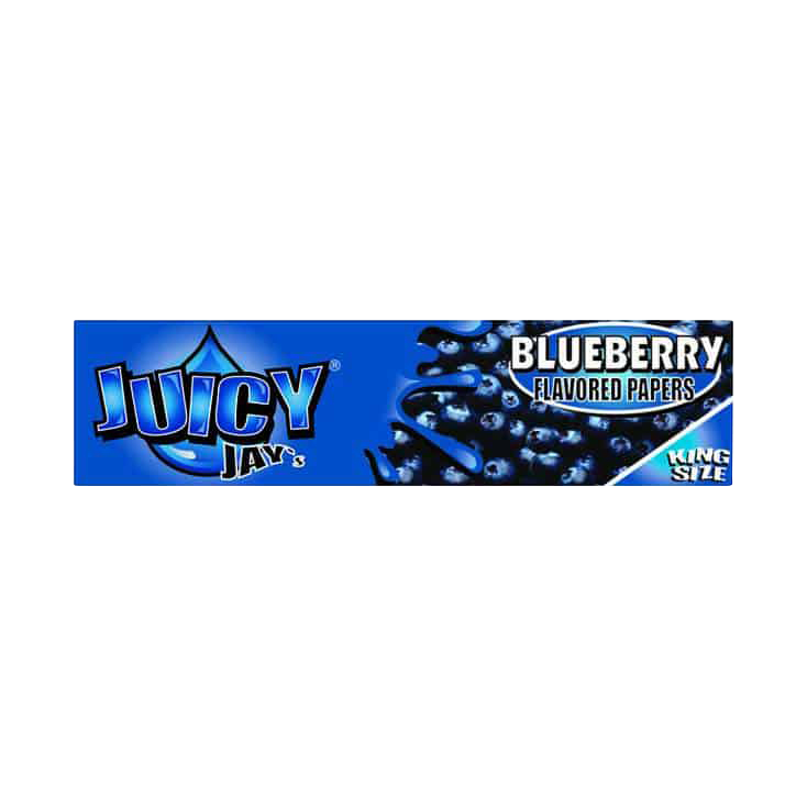 A close-up of Blueberry King Size Rolling Papers with vibrant blue and white branding and text on a dark background. A close-up of Blueberry King Size Rolling Papers with vibrant blue and white branding and text on a dark background.