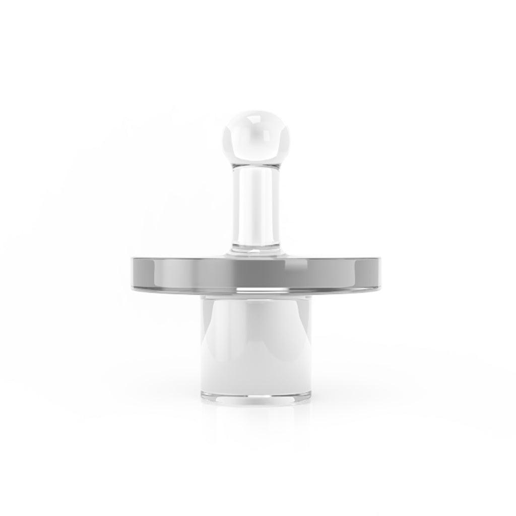 Close-up of the Quartz Terp Slurper Cap, a clear glass cap positioned against a plain white background. Close-up of the Quartz Terp Slurper Cap, a clear glass cap positioned against a plain white background.