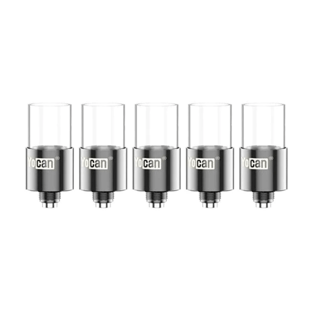 A close-up, top-down view of five Yocan Orbit Coils arranged in a row against a plain white background. A close-up, top-down view of five Yocan Orbit Coils arranged in a row against a plain white background.