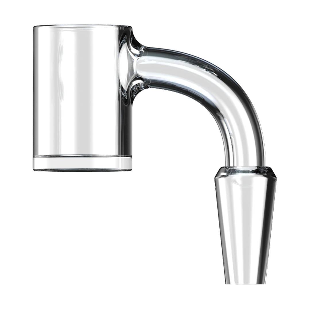 A three-quarter view of the Full Weld Quartz Bucket Banger, showcasing its seamless weld and clear quartz construction. A three-quarter view of the Full Weld Quartz Bucket Banger, showcasing its seamless weld and clear quartz construction.