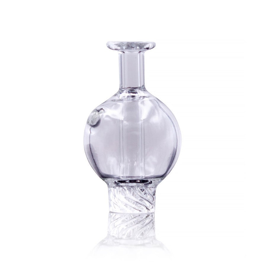 The Cyclone Quartz Bubble Cap is displayed in a close-up, angled view, showcasing its clear quartz construction. The Cyclone Quartz Bubble Cap is displayed in a close-up, angled view, showcasing its clear quartz construction.