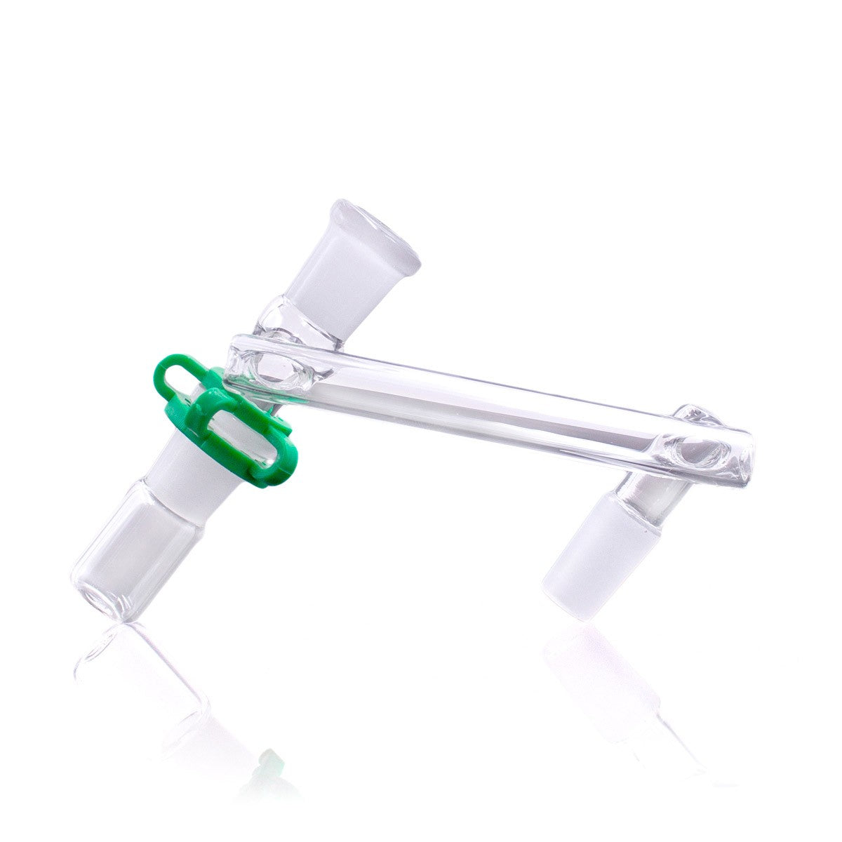 A clear glass Dropdown Reclaim Catcher Adapter is displayed at a slight angle against a white background. A clear glass Dropdown Reclaim Catcher Adapter is displayed at a slight angle against a white background.