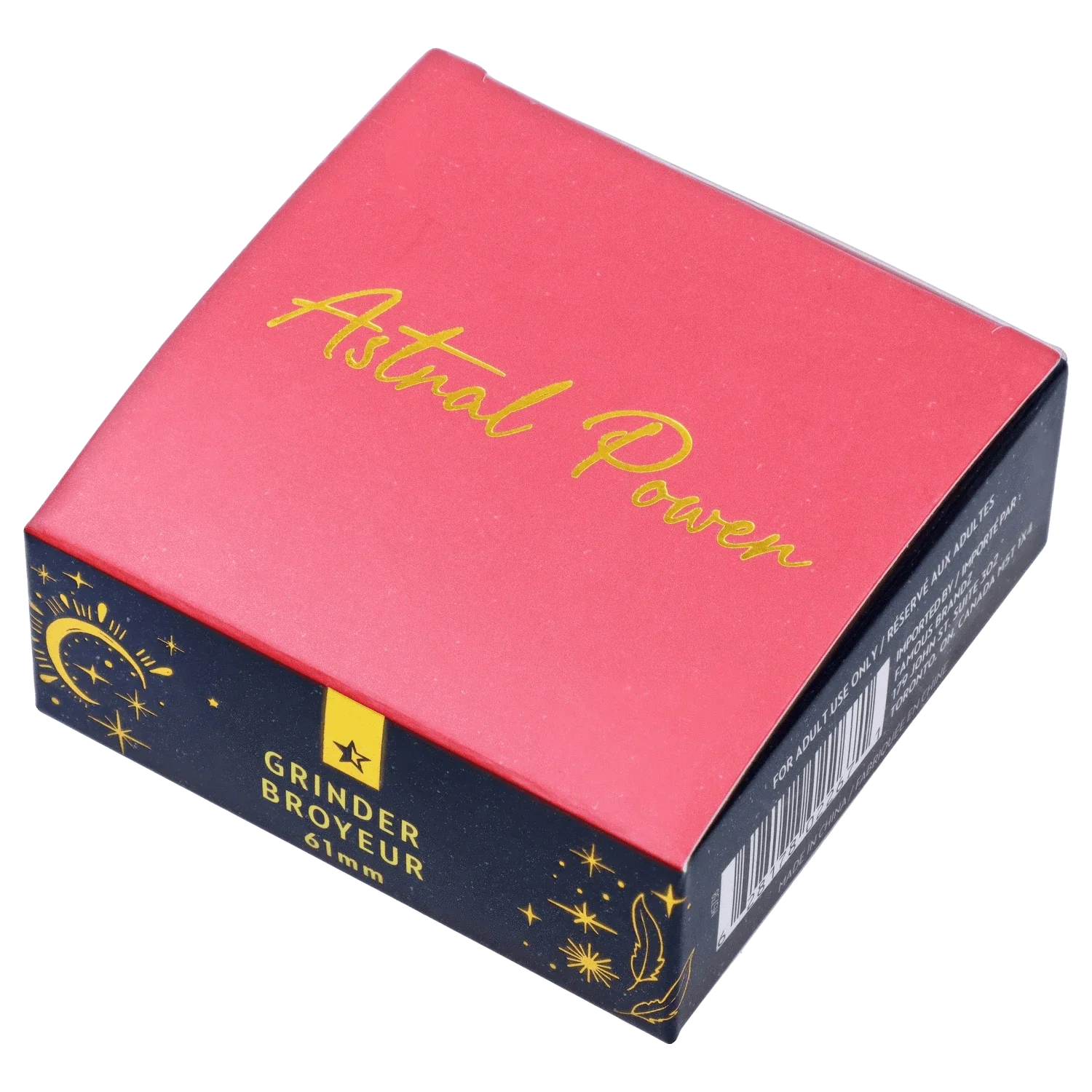 Front view of the black and gold Famous Design - Astral Power Aluminum 2 stage Grinder, showcasing its circular design and metallic finish. Front view of the black and gold Famous Design - Astral Power Aluminum 2 stage Grinder, showcasing its circular design and metallic finish.