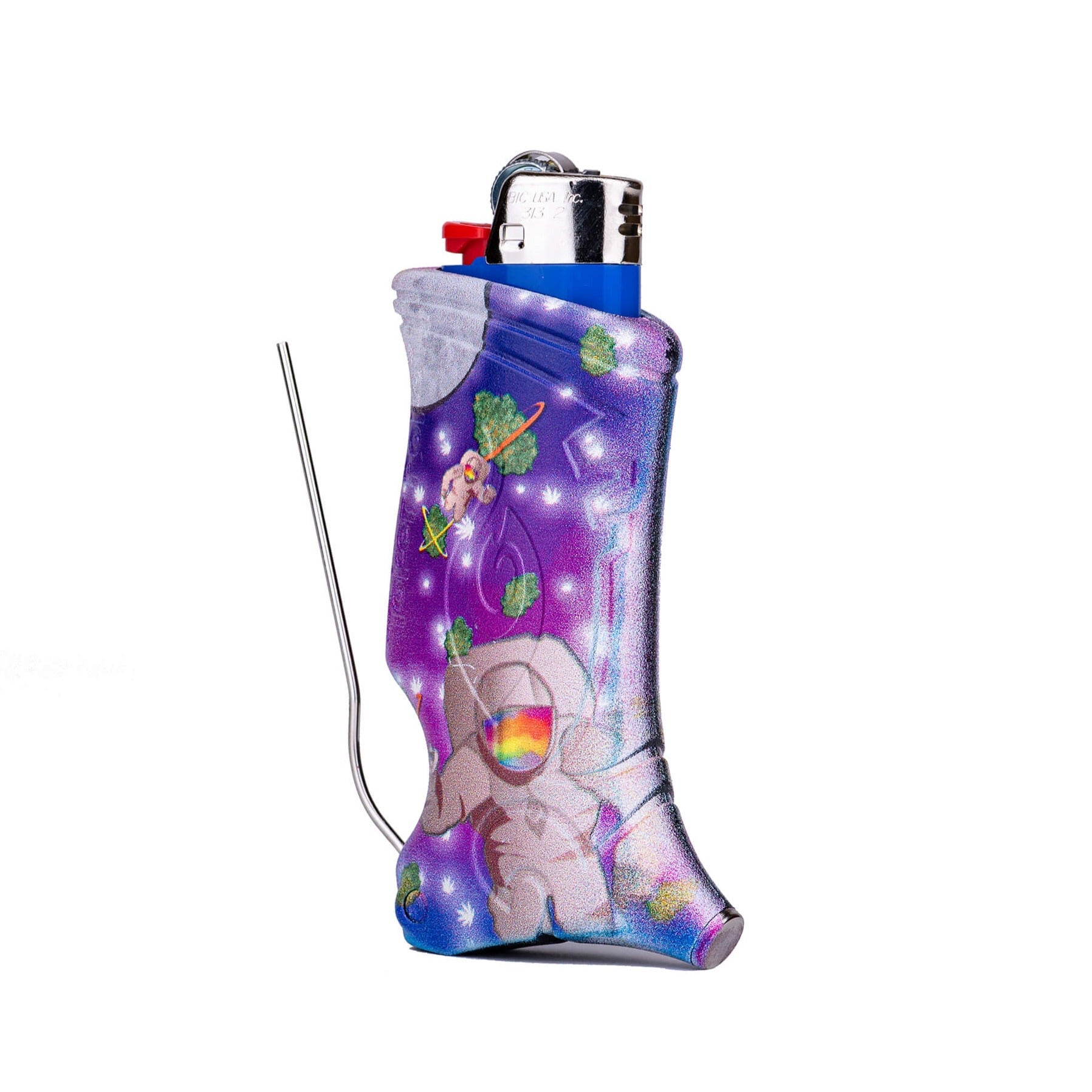 A detailed side view of the Flashbacks BIC Multi-Tool Lighter Sleeve, showcasing its colorful design wrapping around a silver lighter. A detailed side view of the Flashbacks BIC Multi-Tool Lighter Sleeve, showcasing its colorful design wrapping around a silver lighter.