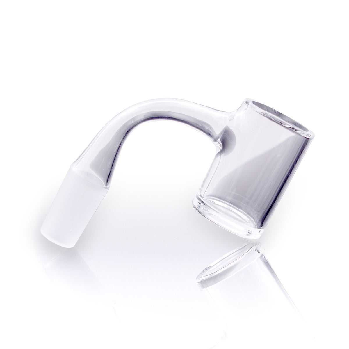 A close-up, angled view of the Full Weld Beveled Top Quartz Banger, showcasing its smooth, translucent quartz construction. A close-up, angled view of the Full Weld Beveled Top Quartz Banger, showcasing its smooth, translucent quartz construction.