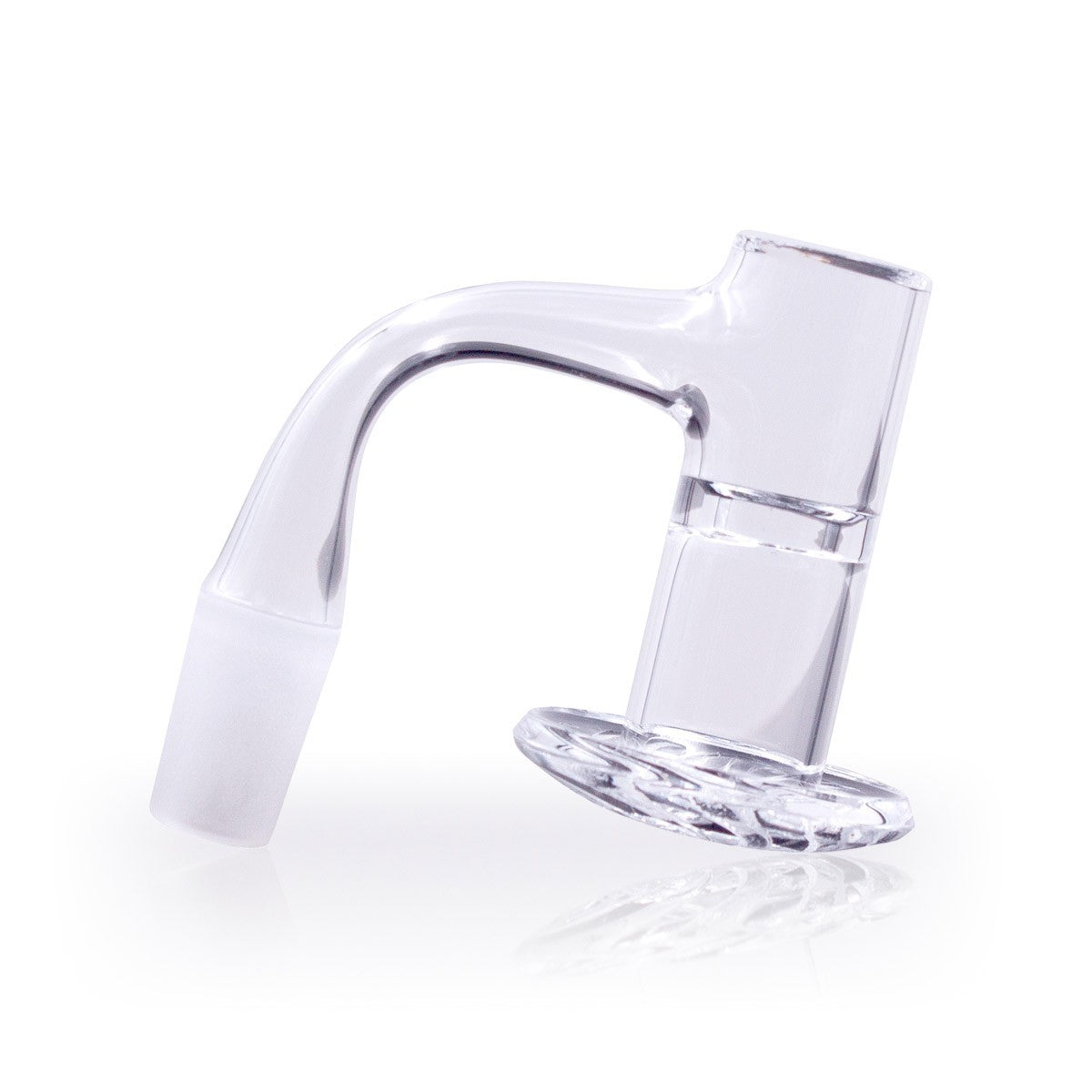 A slightly angled studio shot displays the Full Weld Straight Blender Slurper Quartz Banger, showcasing its clear quartz construction. A slightly angled studio shot displays the Full Weld Straight Blender Slurper Quartz Banger, showcasing its clear quartz construction.