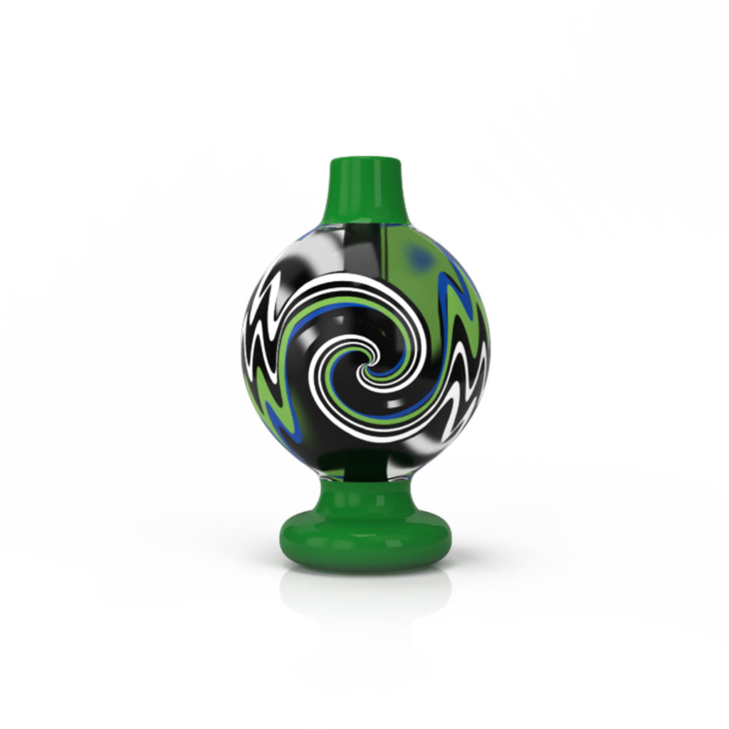 The Inferno Bubble Carb Cap is shown in a studio shot, displaying its colorful swirl pattern and rounded design. The Inferno Bubble Carb Cap is shown in a studio shot, displaying its colorful swirl pattern and rounded design.