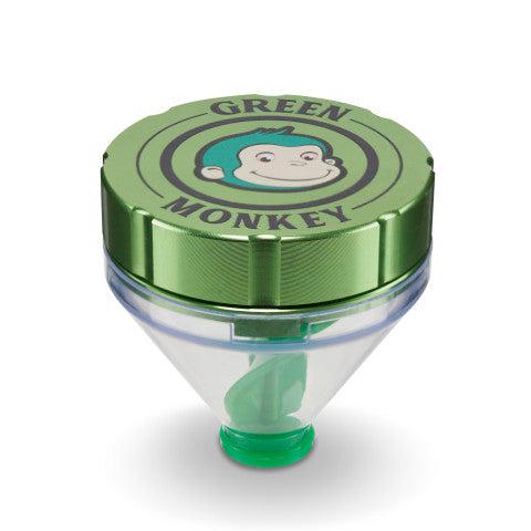 Front view of the Patas 50mm Grinder, a clear acrylic grinder with a green lid, illuminated against a white backdrop. Front view of the Patas 50mm Grinder, a clear acrylic grinder with a green lid, illuminated against a white backdrop.
