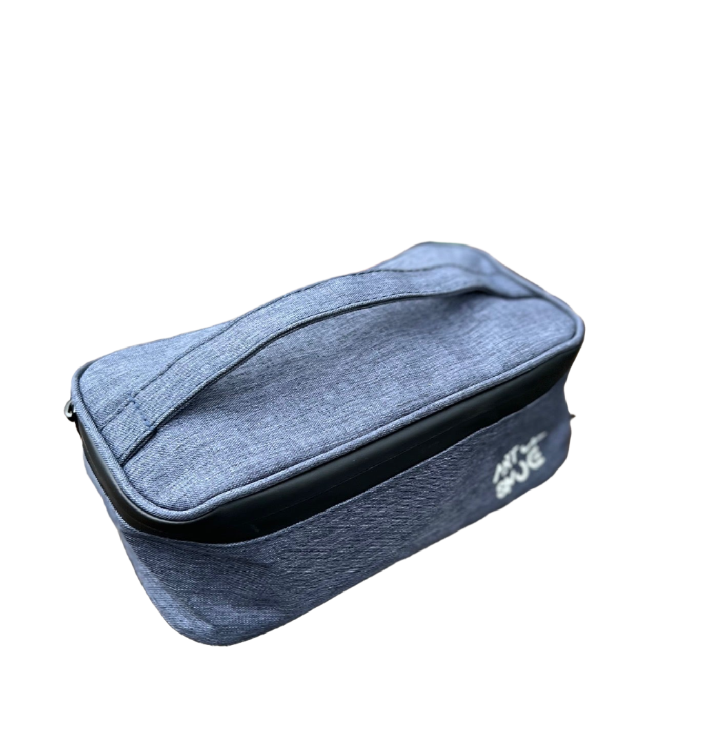 A slightly angled shot of the Travel Odor Proof Case, a dark blue zippered carrying case on a white backdrop. A slightly angled shot of the Travel Odor Proof Case, a dark blue zippered carrying case on a white backdrop.