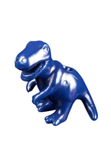 Front view of the Dino Pipe, a blue, sculpted pipe resembling a dinosaur, against a plain white background. Front view of the Dino Pipe, a blue, sculpted pipe resembling a dinosaur, against a plain white background.