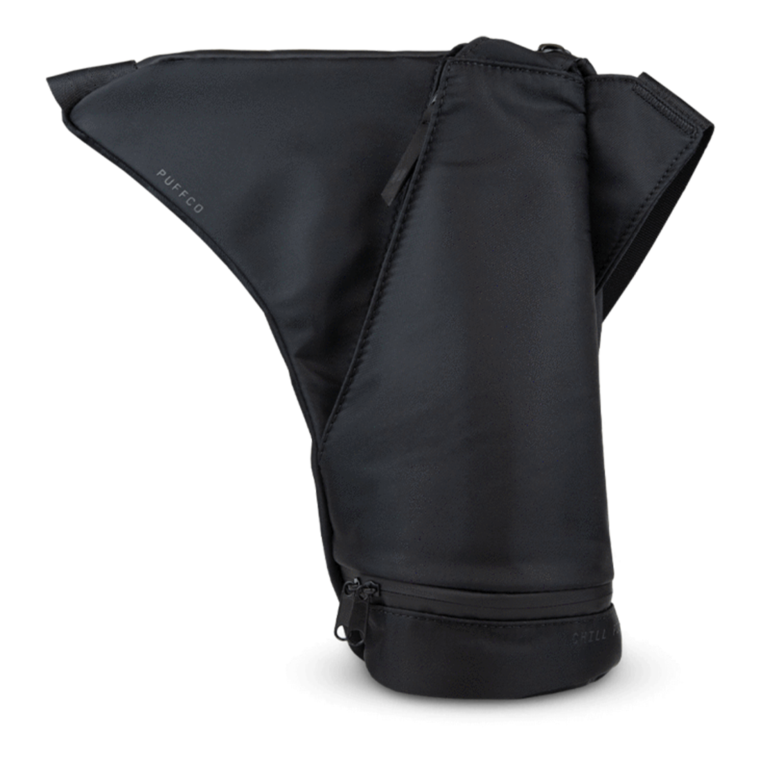 Side view of the Puffco Peak & Peak Pro Journey Travel Bag, a closed, black zippered pouch with a streamlined design. Side view of the Puffco Peak & Peak Pro Journey Travel Bag, a closed, black zippered pouch with a streamlined design.