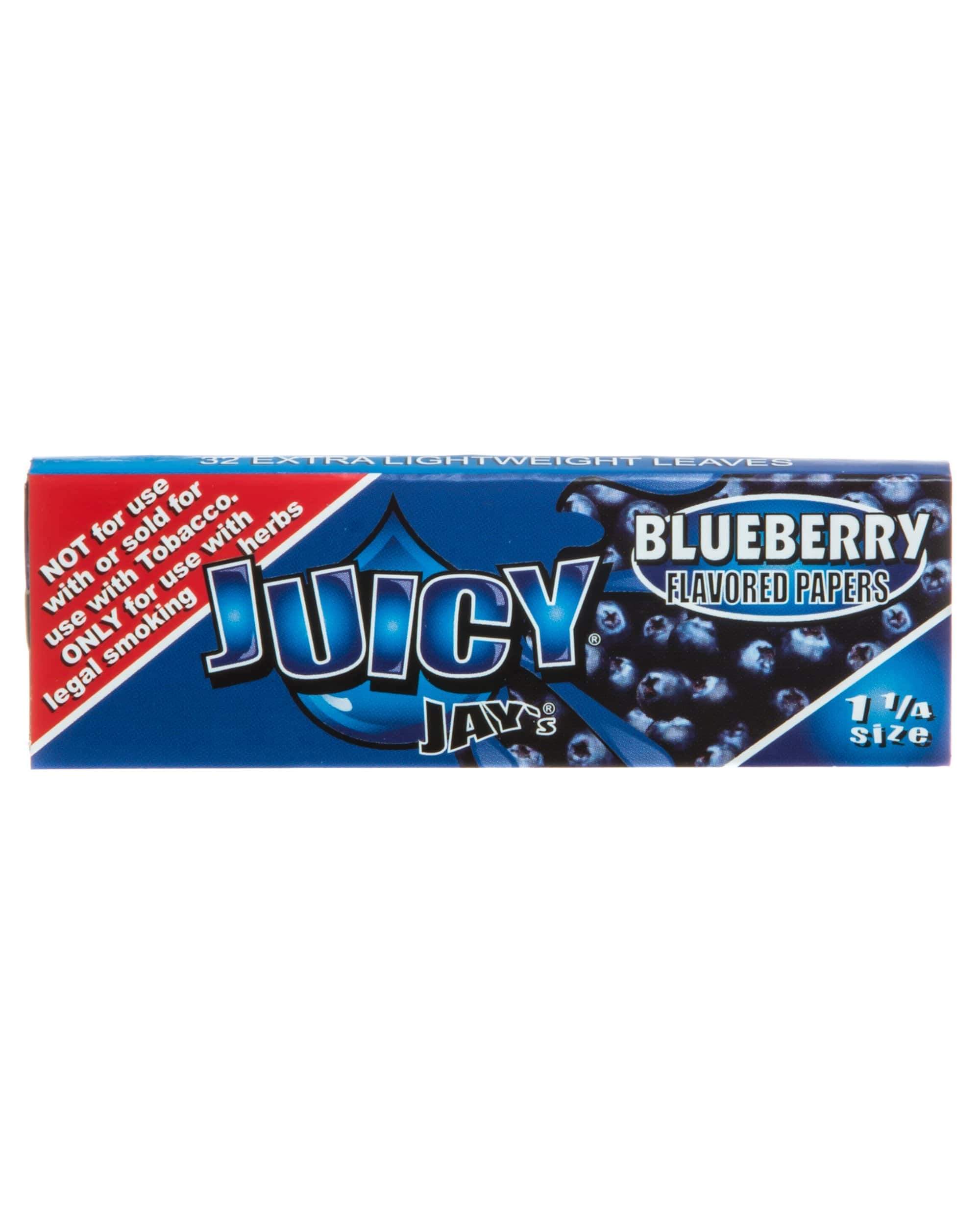 Close-up of Blueberry 1-1/4 Rolling Papers packaging with vibrant blue and white lettering against a dark background. Close-up of Blueberry 1-1/4 Rolling Papers packaging with vibrant blue and white lettering against a dark background.