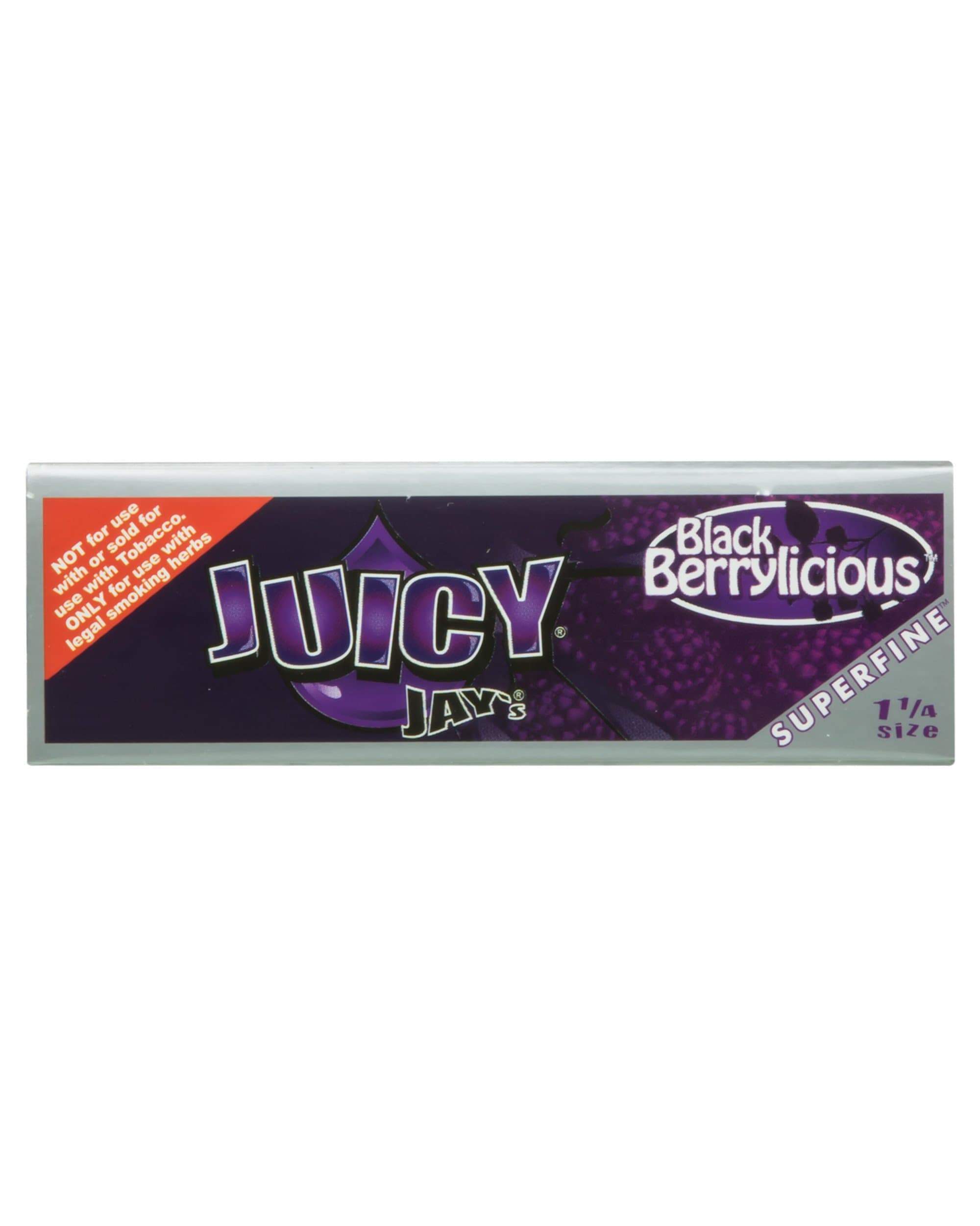Front view of Black Berrylicious Superfine 1-1/4 rolling papers, displaying the brand name with a colorful berry design. Front view of Black Berrylicious Superfine 1-1/4 rolling papers, displaying the brand name with a colorful berry design.