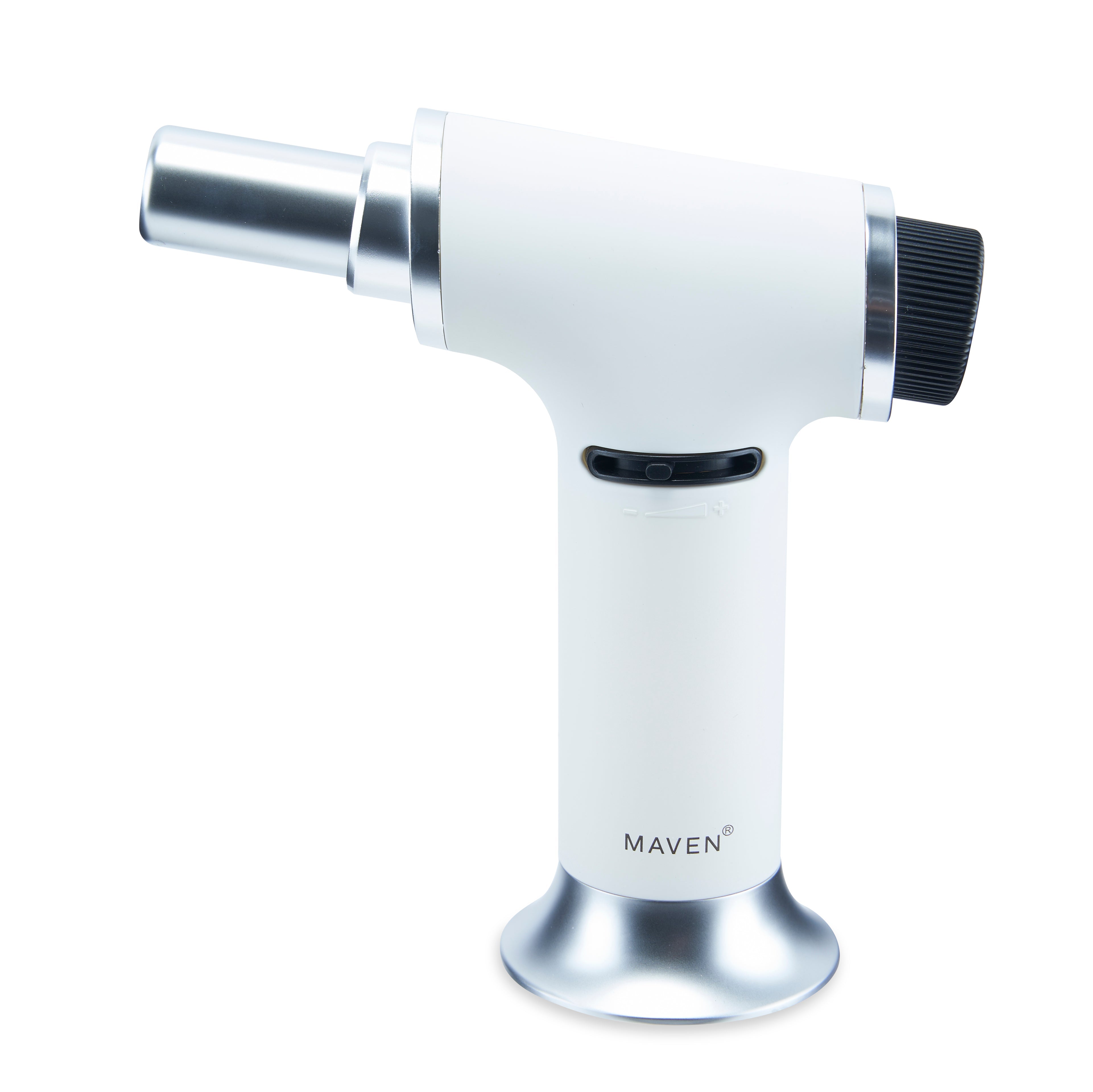 Close-up of the Turbo Butane Torch Lighter with a silver metallic finish, angled against a plain white background. Close-up of the Turbo Butane Torch Lighter with a silver metallic finish, angled against a plain white background.