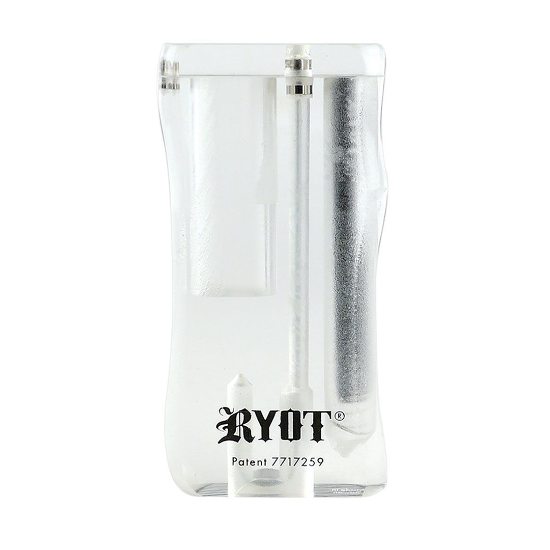 Front view of the Acrylic Dugout Set, showcasing a clear, rectangular container with compartments, and a branded logo on top. Front view of the Acrylic Dugout Set, showcasing a clear, rectangular container with compartments, and a branded logo on top.