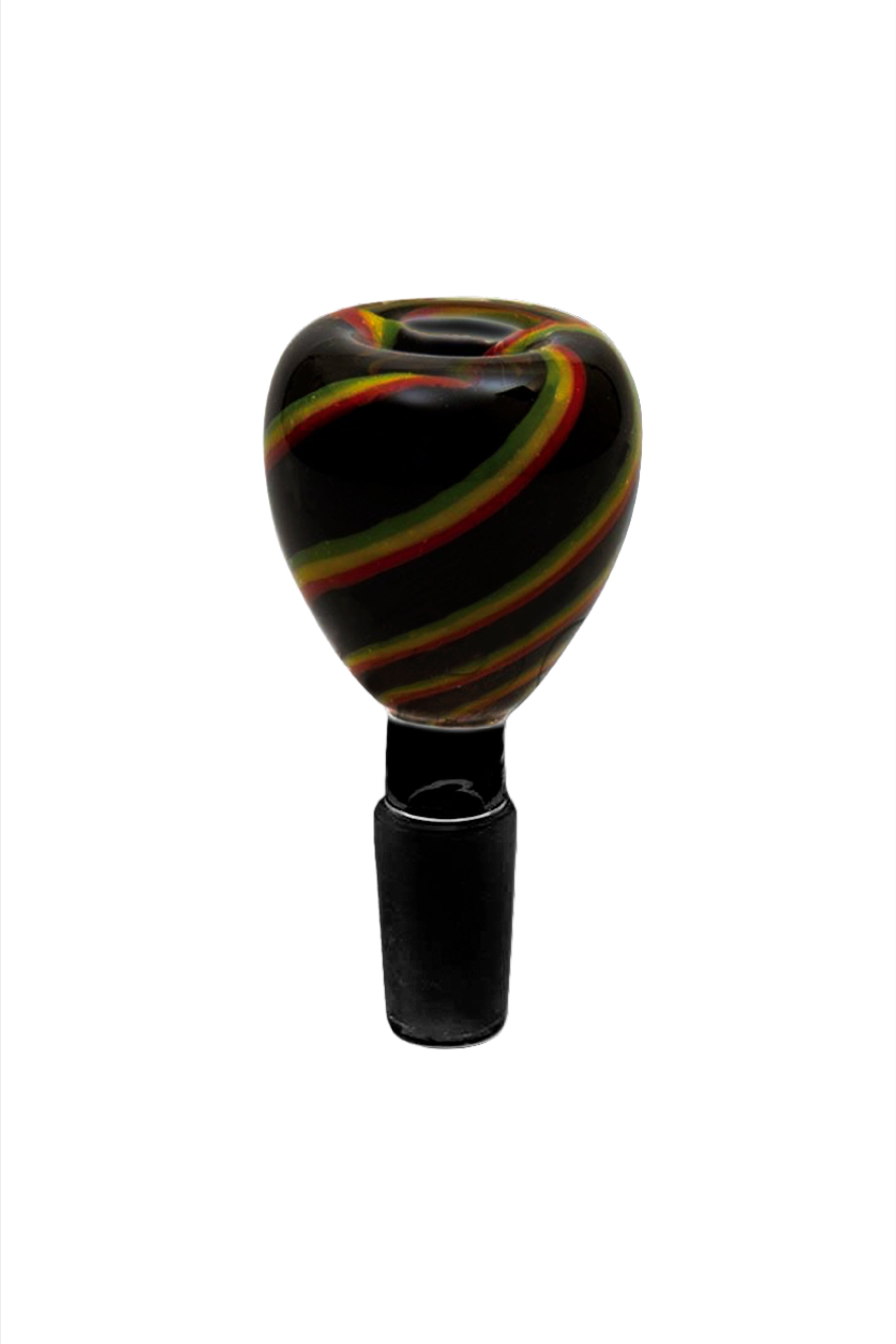 Front view of the Black Frit Herb Bowl with Rasta Swirl, showcasing the colorful swirl design against a dark background. Front view of the Black Frit Herb Bowl with Rasta Swirl, showcasing the colorful swirl design against a dark background.