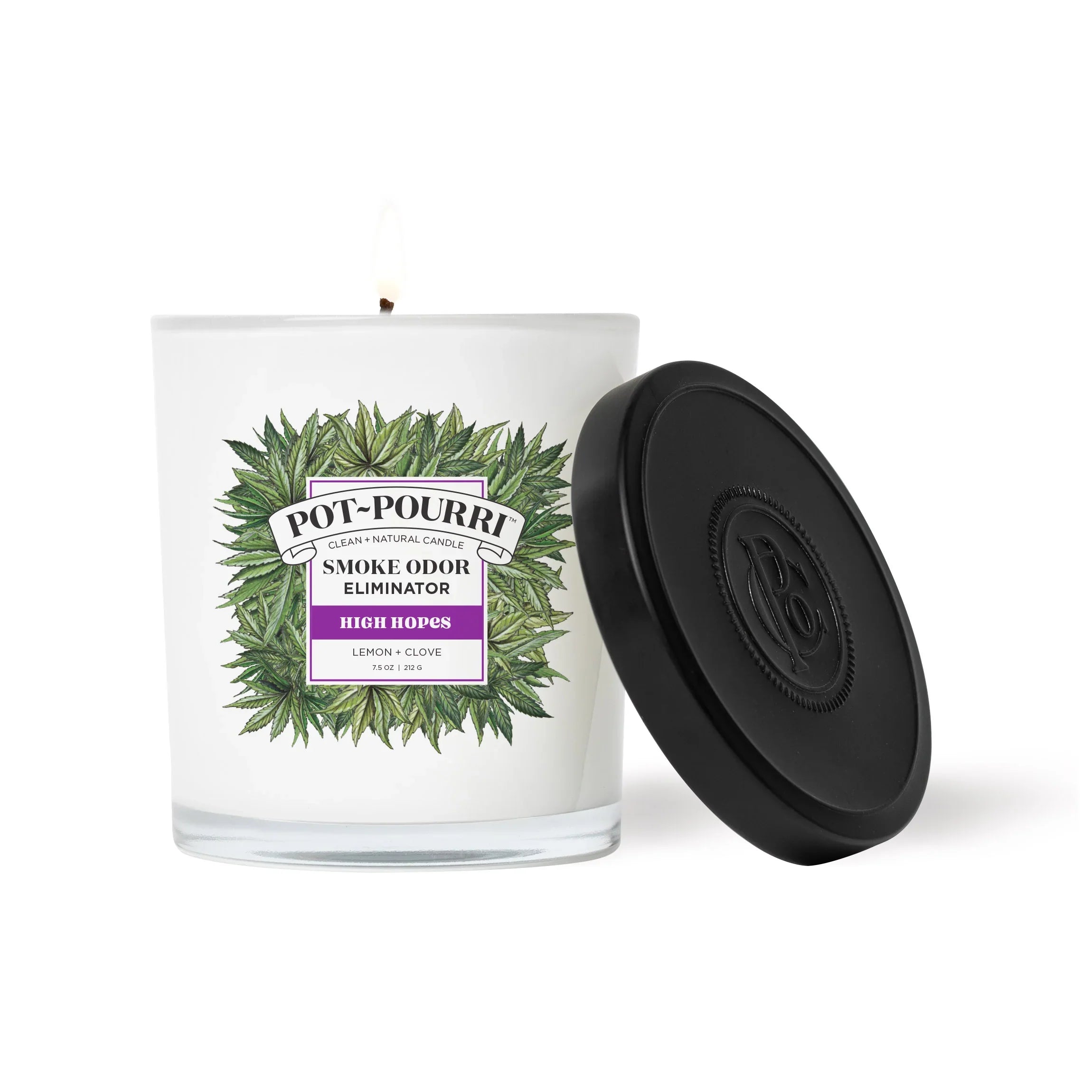 A close-up, top-down view of the Pot-Pourri Smoke Odor Eliminator Candle, showcasing its circular label against a dark background. A close-up, top-down view of the Pot-Pourri Smoke Odor Eliminator Candle, showcasing its circular label against a dark background.