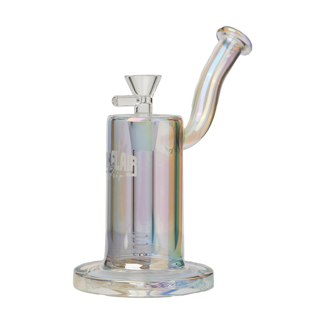 A front view of the Ric Flair Drip Dab Rig, showcasing its clear glass construction and unique curved design. A front view of the Ric Flair Drip Dab Rig, showcasing its clear glass construction and unique curved design.