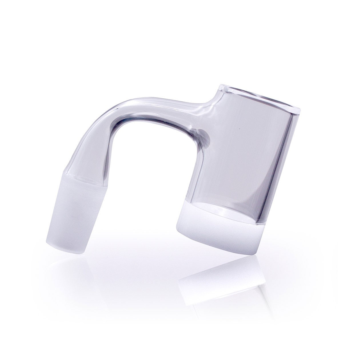 A slightly angled view of the Thick 8.5mm Opaque Bottom Full Weld Banger, showing its clean weld and frosted base on a white surface. A slightly angled view of the Thick 8.5mm Opaque Bottom Full Weld Banger, showing its clean weld and frosted base on a white surface.