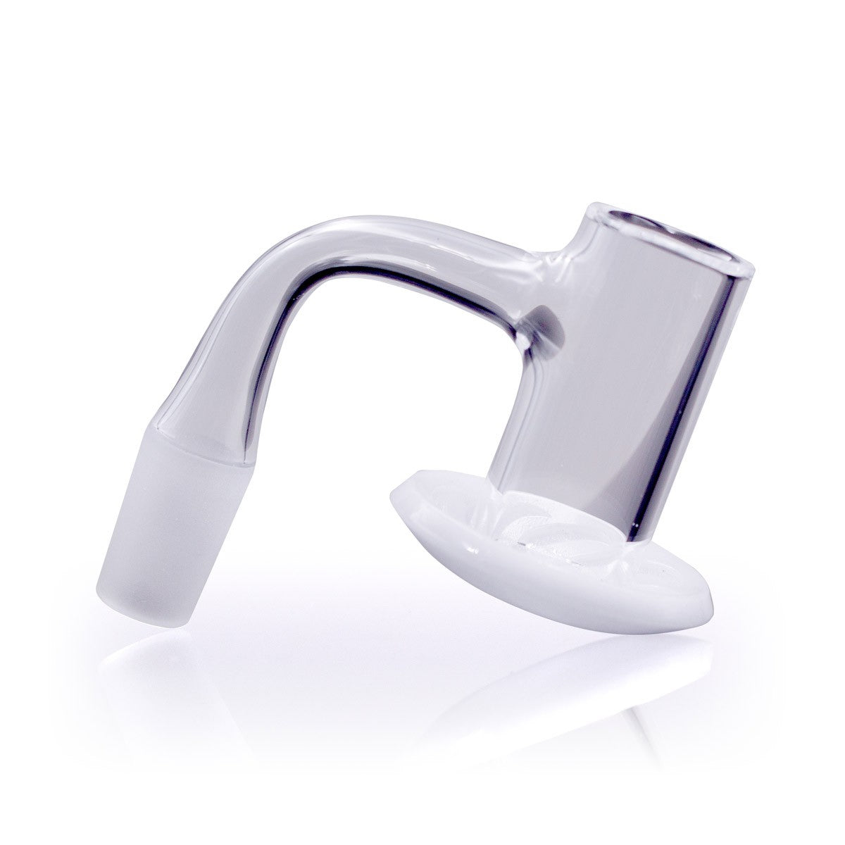 A slightly angled view showcases the Opaque Bottom Full Weld Blender Quartz Banger against a clean white reflective surface. A slightly angled view showcases the Opaque Bottom Full Weld Blender Quartz Banger against a clean white reflective surface.