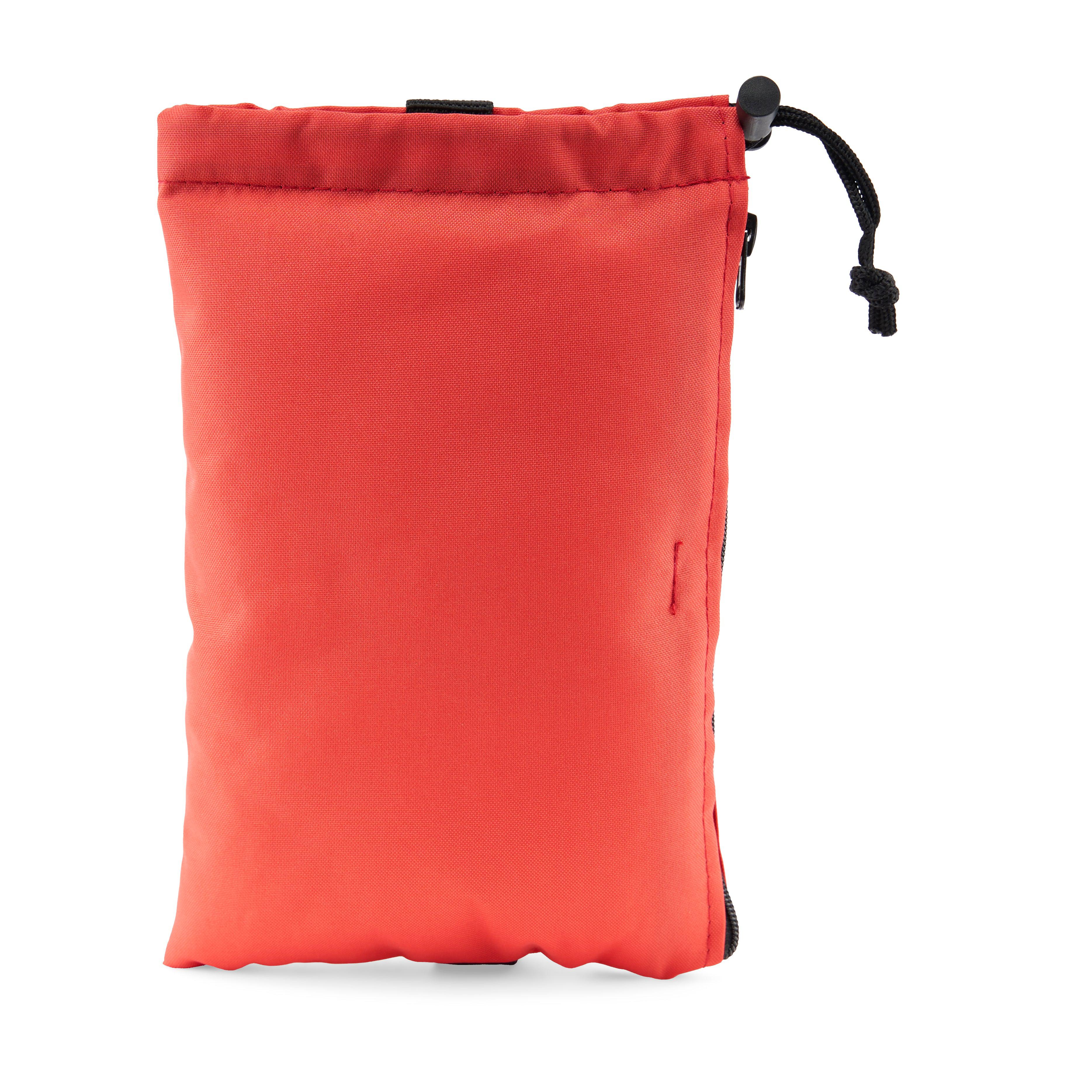 Front view of the 11" Storage Pouch with Zipper and Drawstring, a red drawstring bag with a dark loop pull. Front view of the 11" Storage Pouch with Zipper and Drawstring, a red drawstring bag with a dark loop pull.