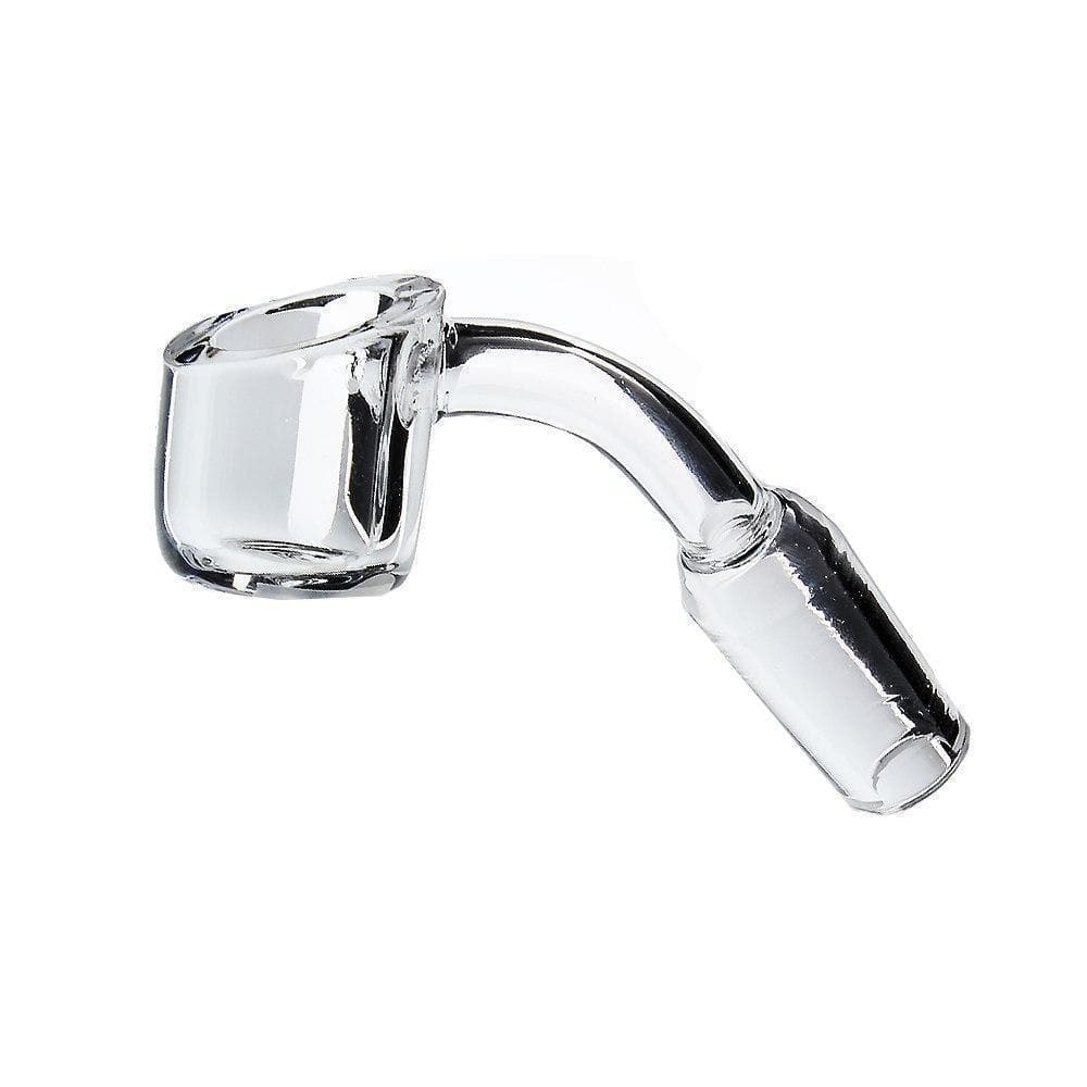 A diagonally angled view of the 14mm 45 degree Quartz Banger, showcasing its clear quartz construction and simple, cylindrical shape. A diagonally angled view of the 14mm 45 degree Quartz Banger, showcasing its clear quartz construction and simple, cylindrical shape.