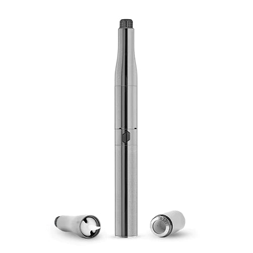 A straight-on shot of the Plus V2 with its mouthpiece and base separated, both with a silver metallic finish. A straight-on shot of the Plus V2 with its mouthpiece and base separated, both with a silver metallic finish.