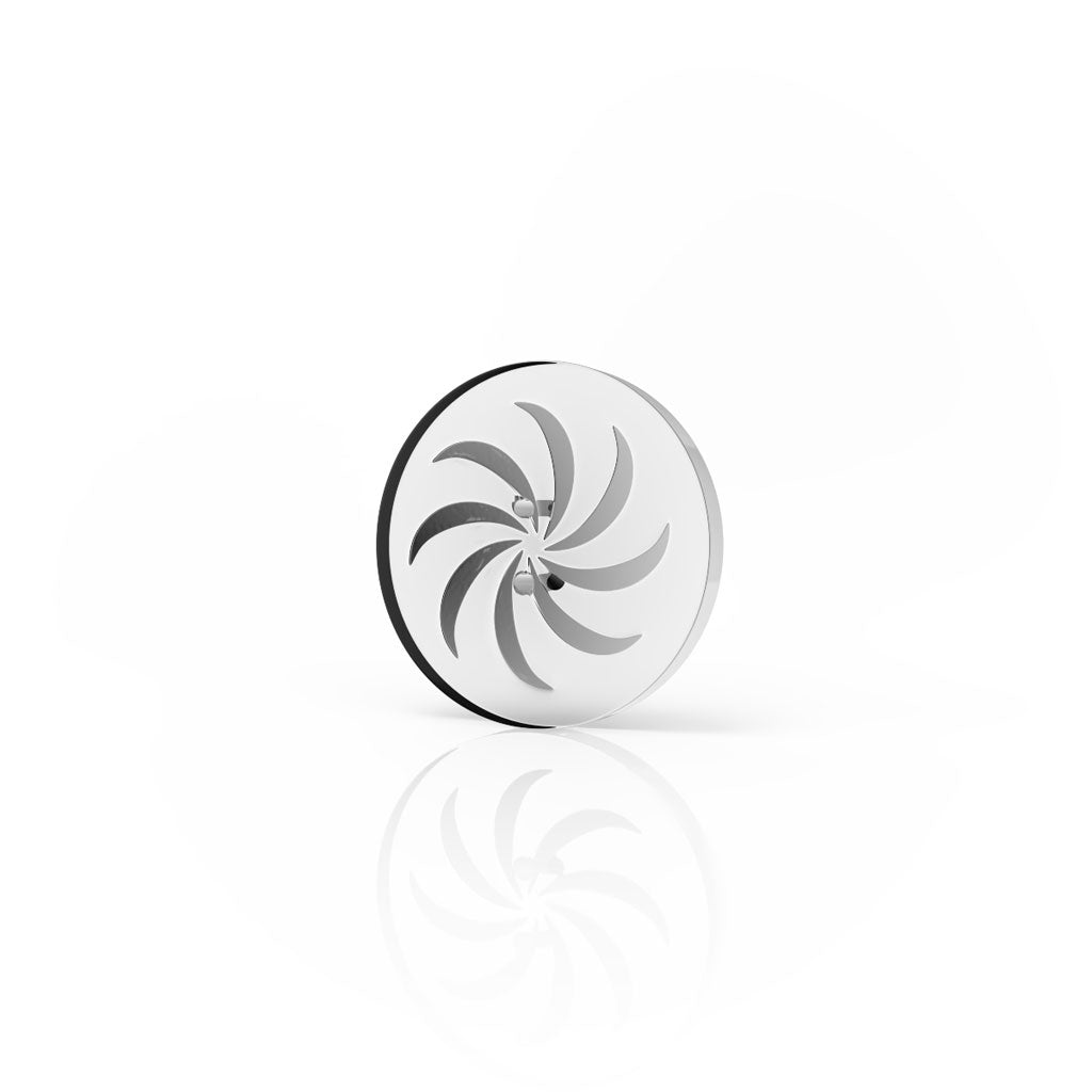 A top-down view of the Quartz Whirlwind Disc Carb Cap, showcasing its circular design and reflective surface. A top-down view of the Quartz Whirlwind Disc Carb Cap, showcasing its circular design and reflective surface.