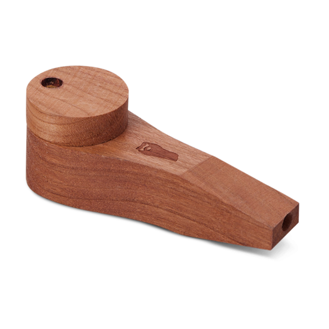 A side view of the Circle Wood Pipe with Lid, showing its rounded shape and dark wood finish against a plain white background. A side view of the Circle Wood Pipe with Lid, showing its rounded shape and dark wood finish against a plain white background.