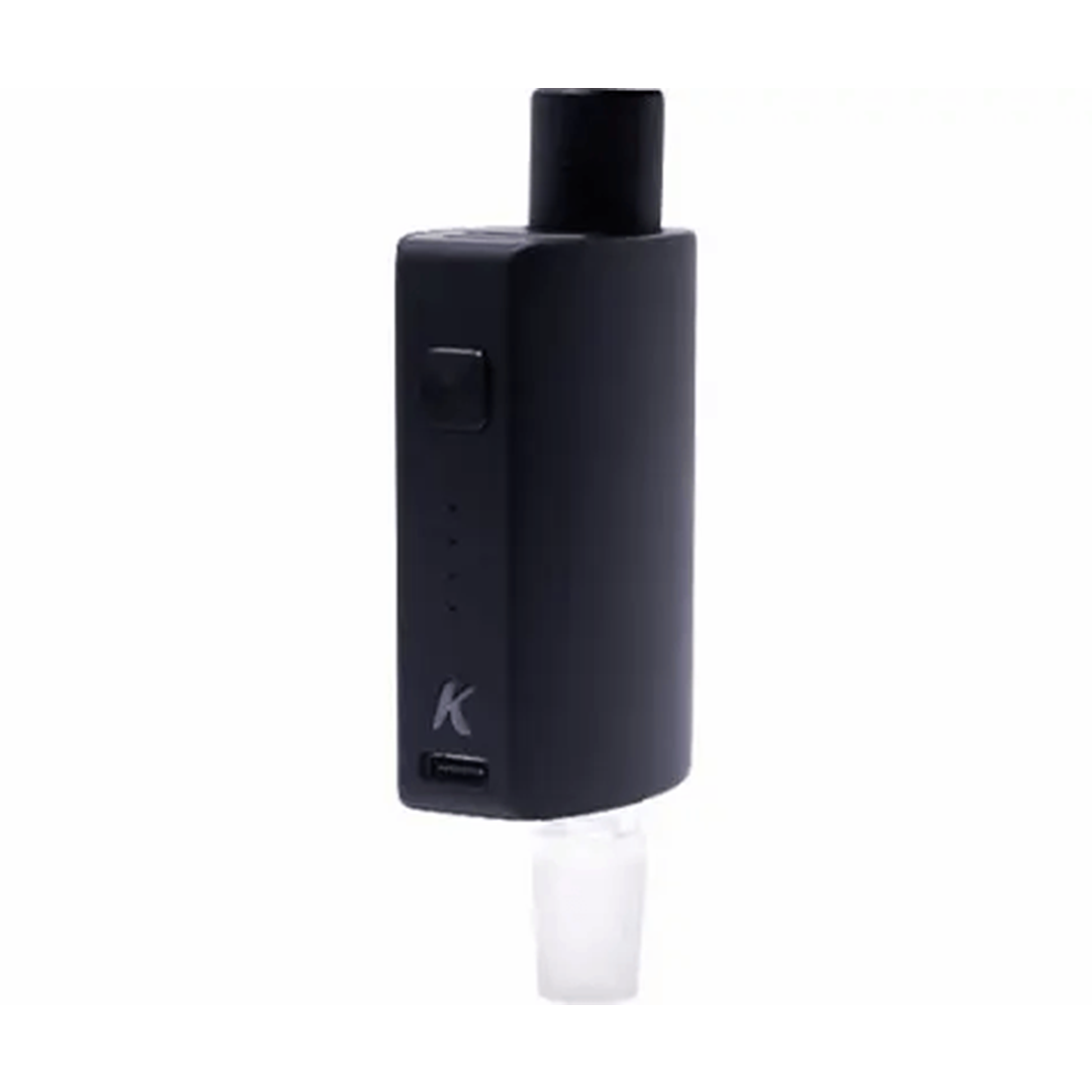 A close-up, angled view of the Session vaporizer, showing its sleek, black design and glass mouthpiece. A close-up, angled view of the Session vaporizer, showing its sleek, black design and glass mouthpiece.