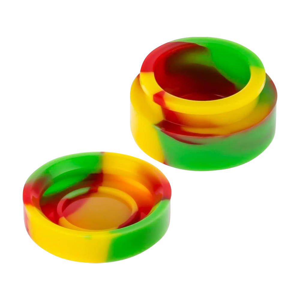A top-down view of the Silicone Non-Stick Stash Container, showing the colorful, empty container against a plain white background. A top-down view of the Silicone Non-Stick Stash Container, showing the colorful, empty container against a plain white background.