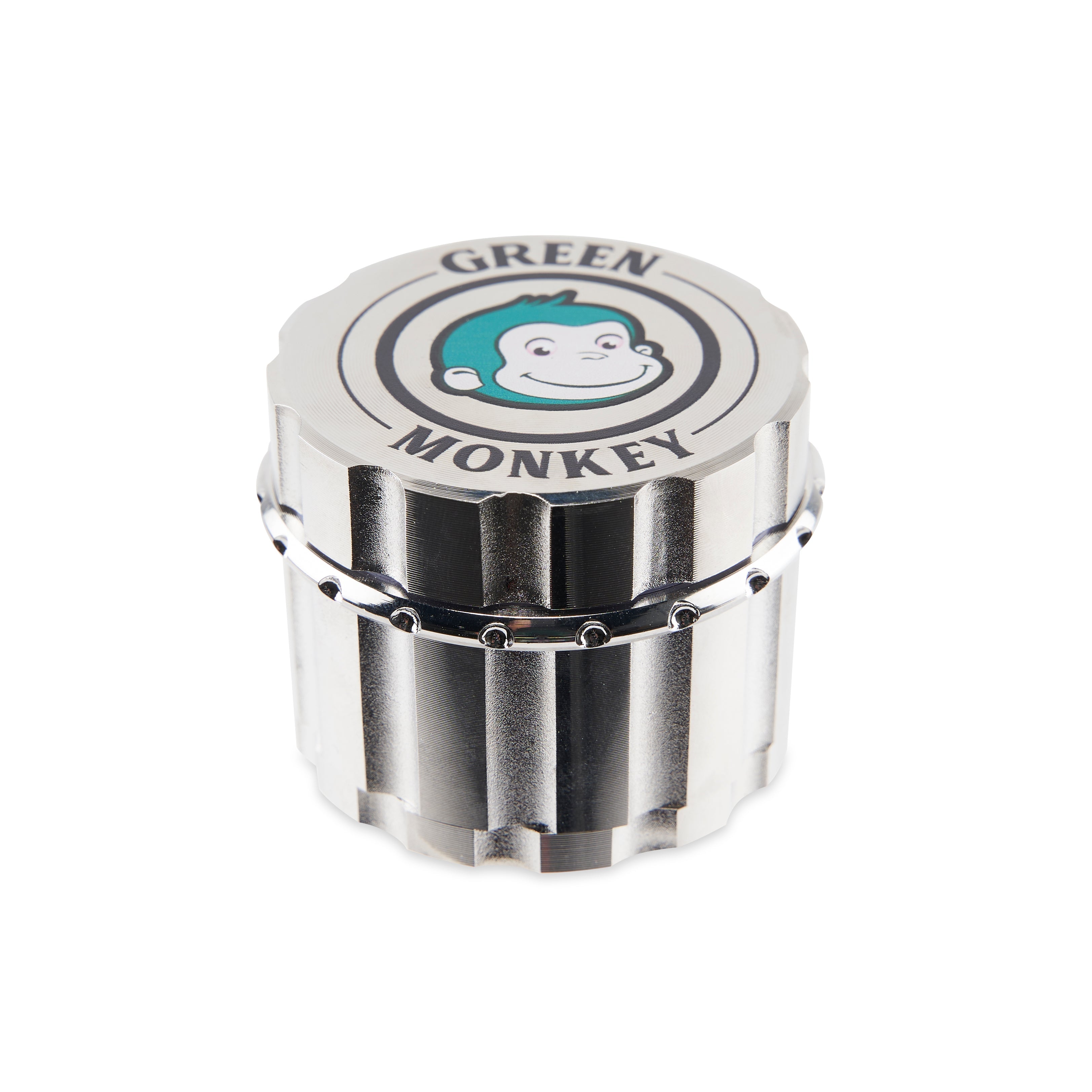 Front view of the Javan 55mm Grinder, a silver metal grinder with a ribbed texture, isolated on a plain white background. Front view of the Javan 55mm Grinder, a silver metal grinder with a ribbed texture, isolated on a plain white background.