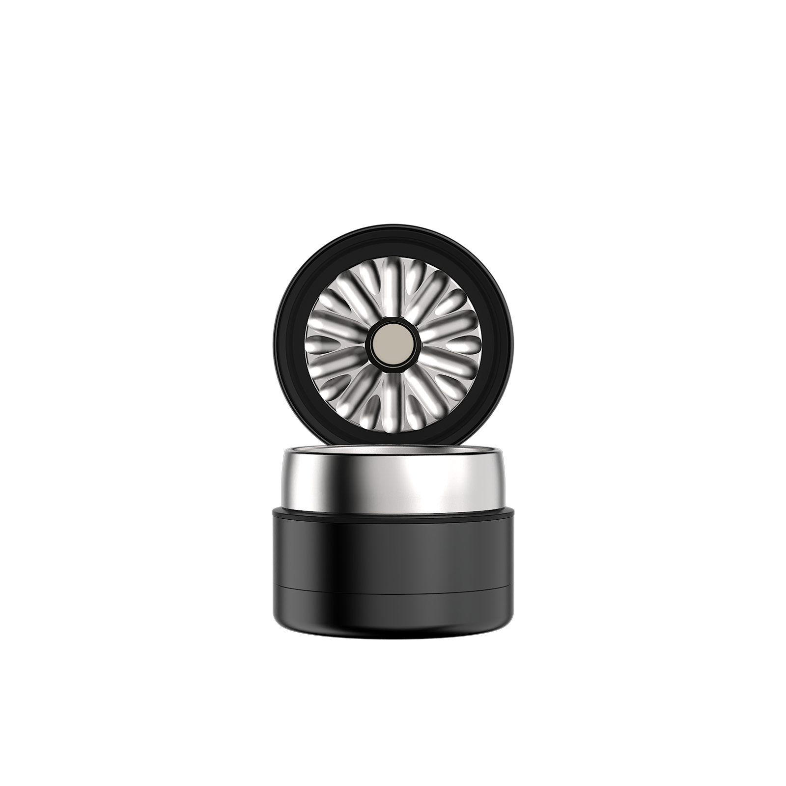 A close-up, angled view of the Next Gen Premium Stainless Series Grinder with its open top revealing the internal grinding mechanism. A close-up, angled view of the Next Gen Premium Stainless Series Grinder with its open top revealing the internal grinding mechanism.
